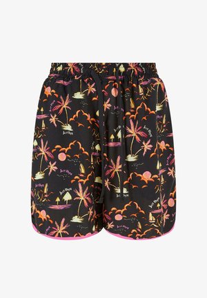 Juoda šortai su spalvingu tropiku raštu, kuriame yra palmės, debesys ir burlaiviai. Dizainą užbaigia elastingas juosmuo su raišteliu.