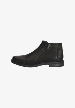 Schwarze Leder-Stiefeletten mit seitlichem Reißverschluss, runder Spitze und strukturiertem Obermaterial. Sie besitzen einen niedrigen Blockabsatz und kontrastierende Nähte.