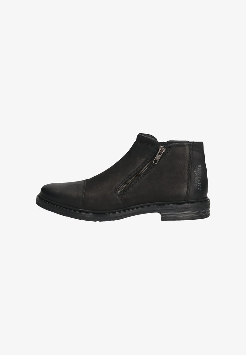 Schwarze Leder-Stiefeletten mit seitlichem Reißverschluss, runder Spitze und strukturiertem Obermaterial. Sie besitzen einen niedrigen Blockabsatz und kontrastierende Nähte.