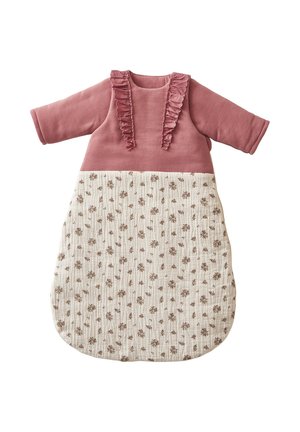 Rosa Schlafsack mit langen Ärmeln, der mit einem gerafften Halsausschnitt und einem cremefarbenen unteren Teil mit floralem Muster versehen ist, aus weichem, strukturiertem Stoff gefertigt.