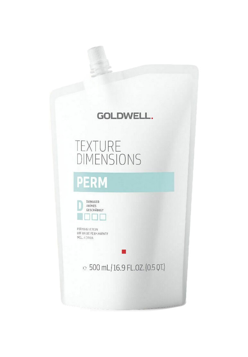Witte zakverpakking met label "Goldwell Texture Dimensions Perm" met lichtblauwe accenten, die de inhoud voor beschadigd haar aangeeft.