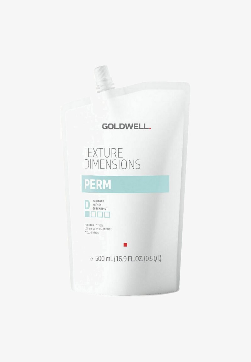 Witte zakverpakking met label "Goldwell Texture Dimensions Perm" met lichtblauwe accenten, die de inhoud voor beschadigd haar aangeeft.
