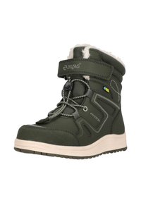 Grüne Winterstiefel mit einem mit Fleece gefütterten Kragen, verstellbarem Riemen, Schnürsystem und einer strukturierten Gummisohle. Mit einem Zickzack-Logo.