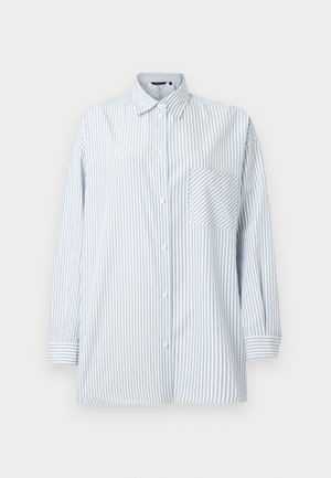 Chemise boutonnée à rayures verticales bleu clair et blanc, manches longues, poche poitrine, en tissu lisse, et dotée d'un col classique.
