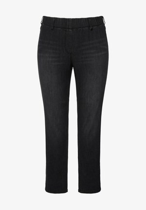 Pantaloni in denim neri con vita elastica, design a gamba dritta e dettagli di cucitura sottili. Tessuto liscio e vestibilità a vita media.