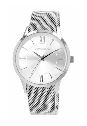 Silver analog wristwatch with mesh strap, Roman numerals at 12 and 6, crystal hour markers, and brand name "Just Watch" on the dial.