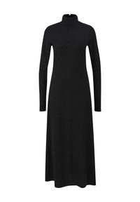 Robe noire à col roulé avec manches longues, coupe décontractée et longueur au sol, fabriquée à partir d'un tissu doux et texturé.