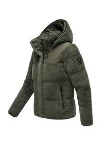Giacca puffo verde con esterno in fleece testurizzato, parte superiore in tessuto liscio, cappuccio e tasche laterali con zip. Presenta un logo nero sulla manica.