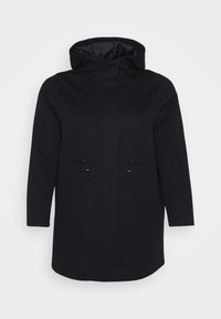 Manteau noir à capuche avec manches longues, deux poches avant avec fermetures à cordon, et une doublure intérieure lisse. Design à coupe droite.