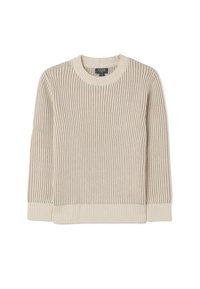 Beige ribbelgebreid trui met een ronde halslijn en lange mouwen. Beschikt over een gestructureerd ontwerp en een contrasterende zoom. Geschikt voor casual kleding.