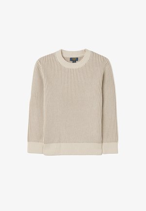 Beige ribbelgebreid trui met een ronde halslijn en lange mouwen. Beschikt over een gestructureerd ontwerp en een contrasterende zoom. Geschikt voor casual kleding.