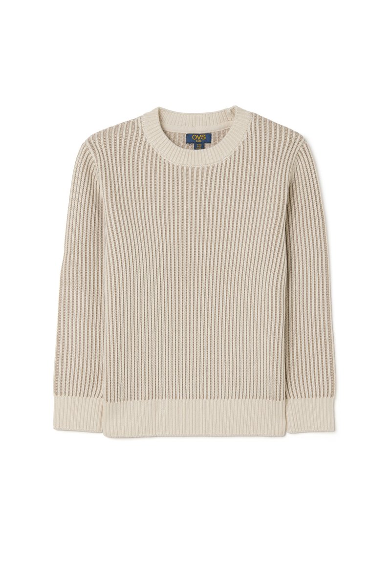 Beige ribbelgebreid trui met een ronde halslijn en lange mouwen. Beschikt over een gestructureerd ontwerp en een contrasterende zoom. Geschikt voor casual kleding.