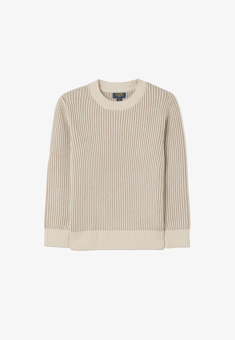 Beige ribbelgebreid trui met een ronde halslijn en lange mouwen. Beschikt over een gestructureerd ontwerp en een contrasterende zoom. Geschikt voor casual kleding.