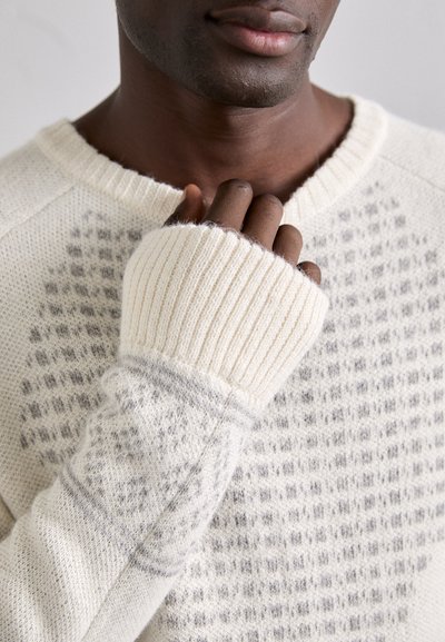 Hellbeige gestrickter Pullover mit einem strukturierten Muster, gerippten Bündchen und einem runden Ausschnitt. Weicher Wollstoff mit subtilem grauen Akzent.