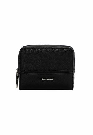 Zwart leren portemonnee met een gestructureerd oppervlak, ritssluiting, voorvak en zilveren hardware details. Compact en rechthoekig van vorm.