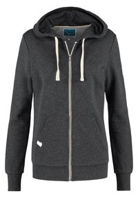 Tmavě šedá mikina na zip s kapucí, krémové šňůrky, dvě přední kapsy a žebrované manžety. Měkká látka s hladkou texturou.