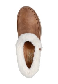 Brun syntetisk tøffel med en blød hvid faux fur-foring. Har en rund form og syede detaljer. Logoet er synligt på indersiden.