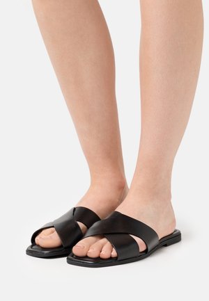 Black leather slide sandals with crossed straps, flat sole, and an open toe design. Smooth texture and minimalist appearance.