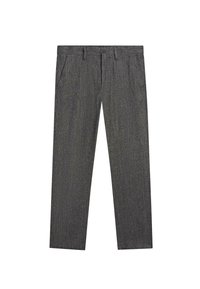 Dark gray straight-leg trousers with side pockets, belt loops, and a front button closure.