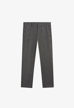 Donkergrijze rechte broek met zijzakken, riemlussen en een sluiting met een knop aan de voorkant.