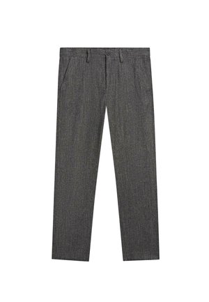 Dunkelgraue gerade geschnittene Hosen mit Seitentaschen, Gürtelschlaufen und einem vorderen Knopfverschluss.