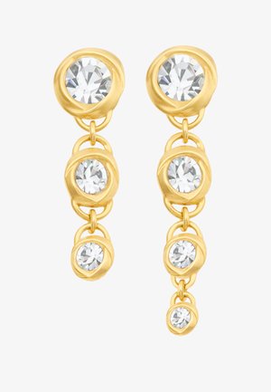 Boucles d'oreilles pendantes dorées avec trois cristaux transparents ronds, disposés par taille décroissante, reliés par des accents circulaires.