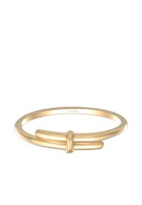 Goldfarbener Metallring mit einem glatten, kreisförmigen Band und einem zentralen Knoten-Detail. Er hat ein minimalistisches Design mit einer polierten Oberfläche.