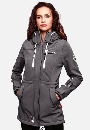 Veste d'extérieur grise avec capuche, dotée de cordons blancs, de deux poches poitrine zippées et de poches latérales zippées. Tissu durable et coupe ajustée.