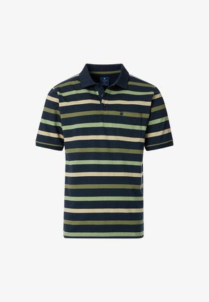 Mørkeblå og grønstripet polo skjorte lavet af bomuld, med krave, korte ærmer og en venstre brystlomme med subtil branding.