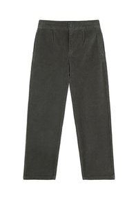 Pantalones de pana gris oscuro de corte recto, con un sutil canalé vertical, y una cinturilla con cierre de botón y bolsillos laterales.
