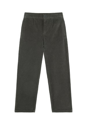 Pantalones de pana gris oscuro de corte recto, con un sutil canalé vertical, y una cinturilla con cierre de botón y bolsillos laterales.