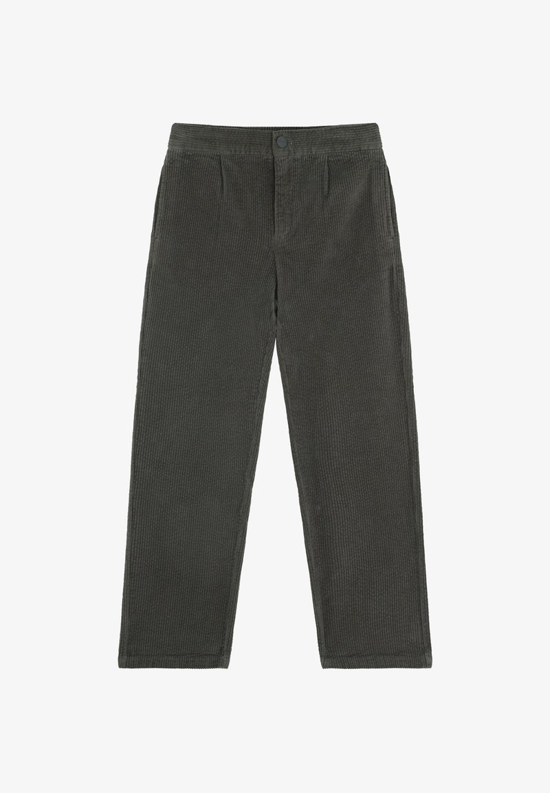 Pantalones de pana gris oscuro de corte recto, con un sutil canalé vertical, y una cinturilla con cierre de botón y bolsillos laterales.