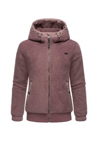 Chaqueta de forro polar en malva apagado, con cierre frontal de cremallera, capucha ajustable, dos bolsillos laterales y puños de canalé. Tejido suave y texturizado.
