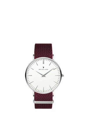 Minimalist silver analog watch with white face, thin hour markers, "Wallace Hume" logo, and textured dark red fabric strap.