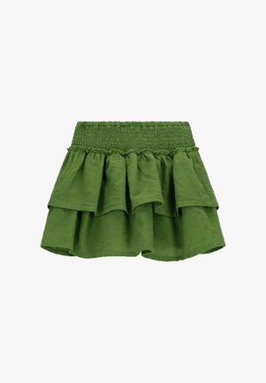 Jupe verte en tissu léger, à plusieurs niveaux, avec une taille smockée. Elle arbore des volants ondulés et une texture froncée.