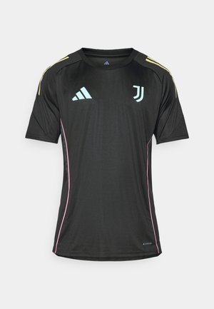 Sort kortærmet trøje med lyseblå detaljer, gule skulderstriber og pink piping langs siderne. Har Adidas og Juventus logoer.