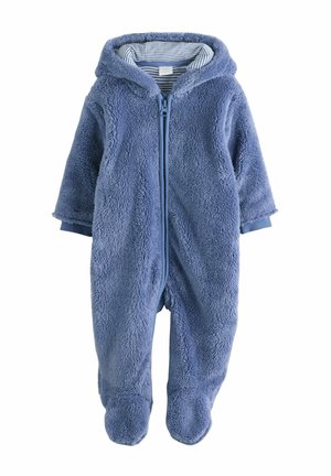 Blauer Fleece-Overall mit Kapuze, Front-Reißverschluss und Füßchen-Design. Gefüttert mit gestreiftem Stoff. Weicher Textur überall.