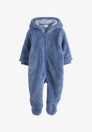Blauer Fleece-Babyganzanzug mit Kapuze, Frontreißverschluss und gestreiftem Innenfutter der Kapuze, mit geschlossenen Füßen und langen Ärmeln.