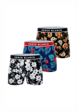 Trois paires de caleçons à motifs floraux. Les couleurs comprennent le noir, le bleu marine et le rouge. Tailles élastiques avec la marque "SERGE BLANCO".