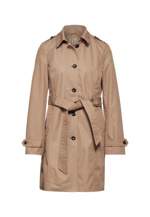 Beige Trenchcoat aus glattem Stoff, mit taillierter Form, schwarzen Knöpfen, einem Gürtel in der Taille und Schulterklappen.