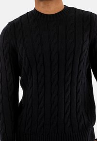 Zwarte cable-knit trui gedragen door een persoon, met een geribde crew neckline en textuur met verticale gevlochten patronen.