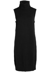 Svart ärmlös turtleneckklänning i stickad tyg, med ribbade detaljer vid halsringningen och fållen, i en lös, rak silhuett.