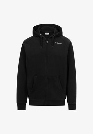 Felpa con zip nera, cappuccio regolabile con cordino, due tasche frontali, polsini a coste e un piccolo logo sulla parte sinistra del petto. Materiale misto cotone.