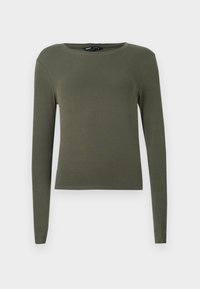 Olijfgroene langemouwen top van glad, rekbaar materiaal. Heeft een ronde halslijn en een getailleerd ontwerp zonder zichtbare patronen of accenten.