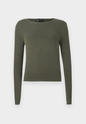 Olive green long-sleeve top made from smooth, stretchy material. Features a round neckline and a fitted design with no visible patterns or accents.