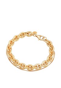 Bracciale in oro con anelli intrecciati, caratterizzato da una finitura liscia e lucida e una chiusura a moschettone per una chiusura sicura.