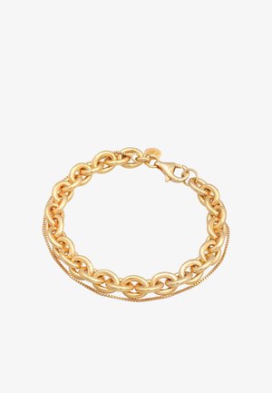 Goldene Kettenarmband mit miteinander verbundenen Gliedern, das eine glatte, glänzende Oberfläche und einen Karabiner-Verschluss für sicheren Sitz bietet.