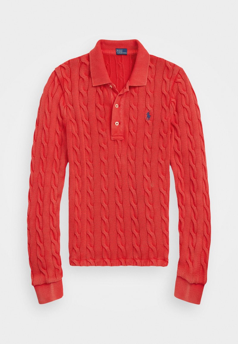 Polo Ralph Lauren CABLE-KNIT COTTON LONG-SLEEVE POLO SHIRT - Pulover - red