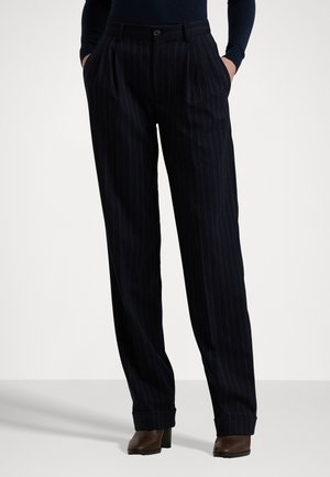 Pantalones navy de rayas con una cintura alta, pliegues y bolsillos laterales, hechos de una tela suave, con dobladillo con puños y cierre de botón.