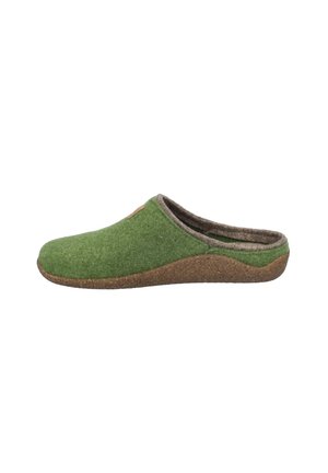 Green felt slipper with a rounded shape, featuring a brown cork sole and a soft interior lining. No visible embellishments or patterns.